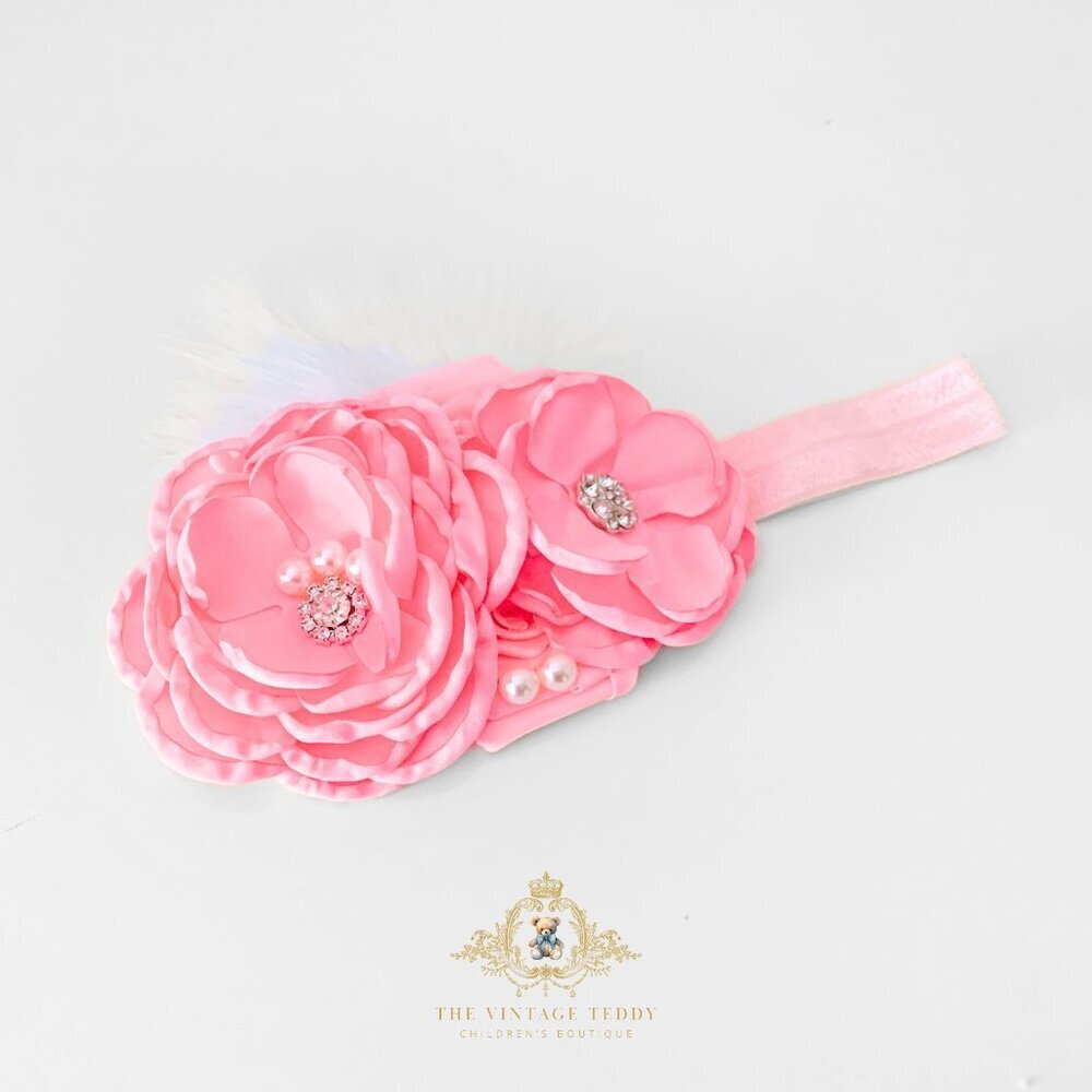 NWT Pretty Vintage Inspired Girls Headband Floral Beaded Feathers Pink OS